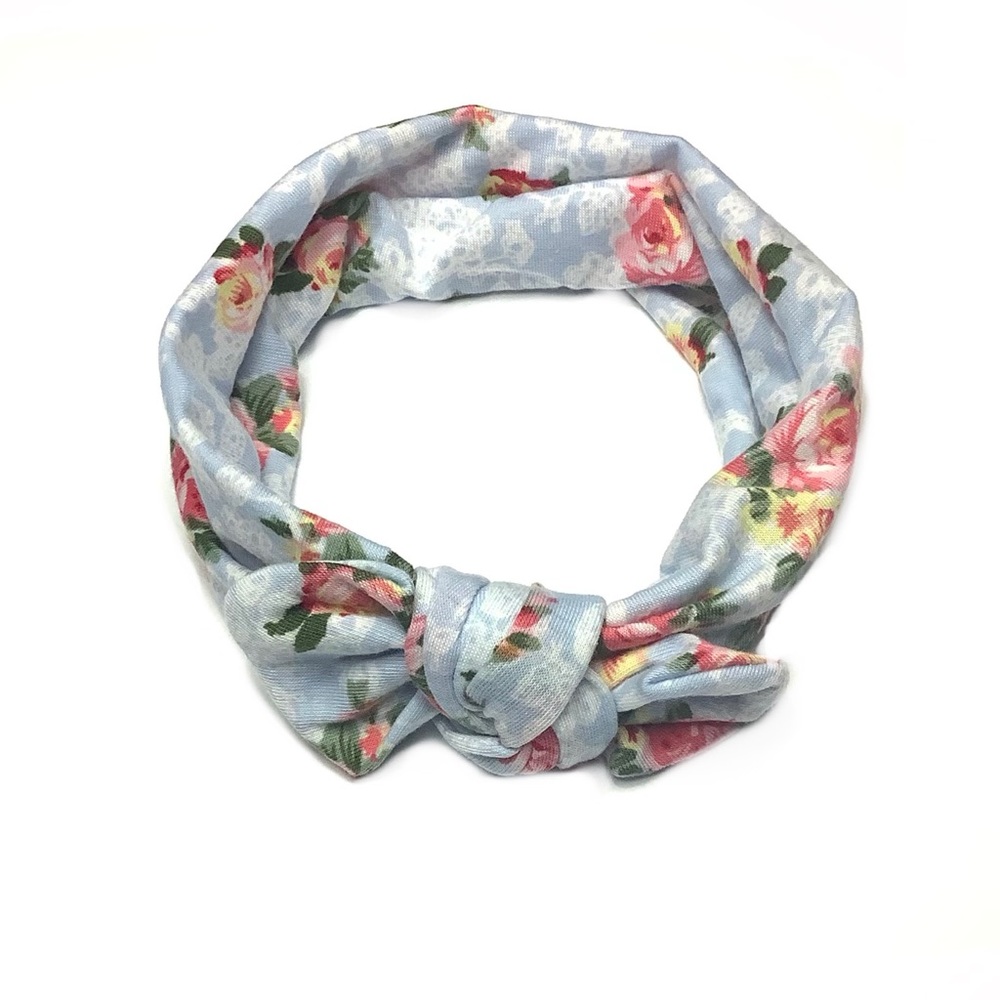 Blue & Pink Floral Top Knot Stretch Headband